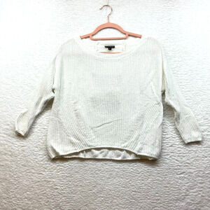 Express Womens Crop Sweater XS White 3/4 Sleeve Round Neck Cut Out Ribbed